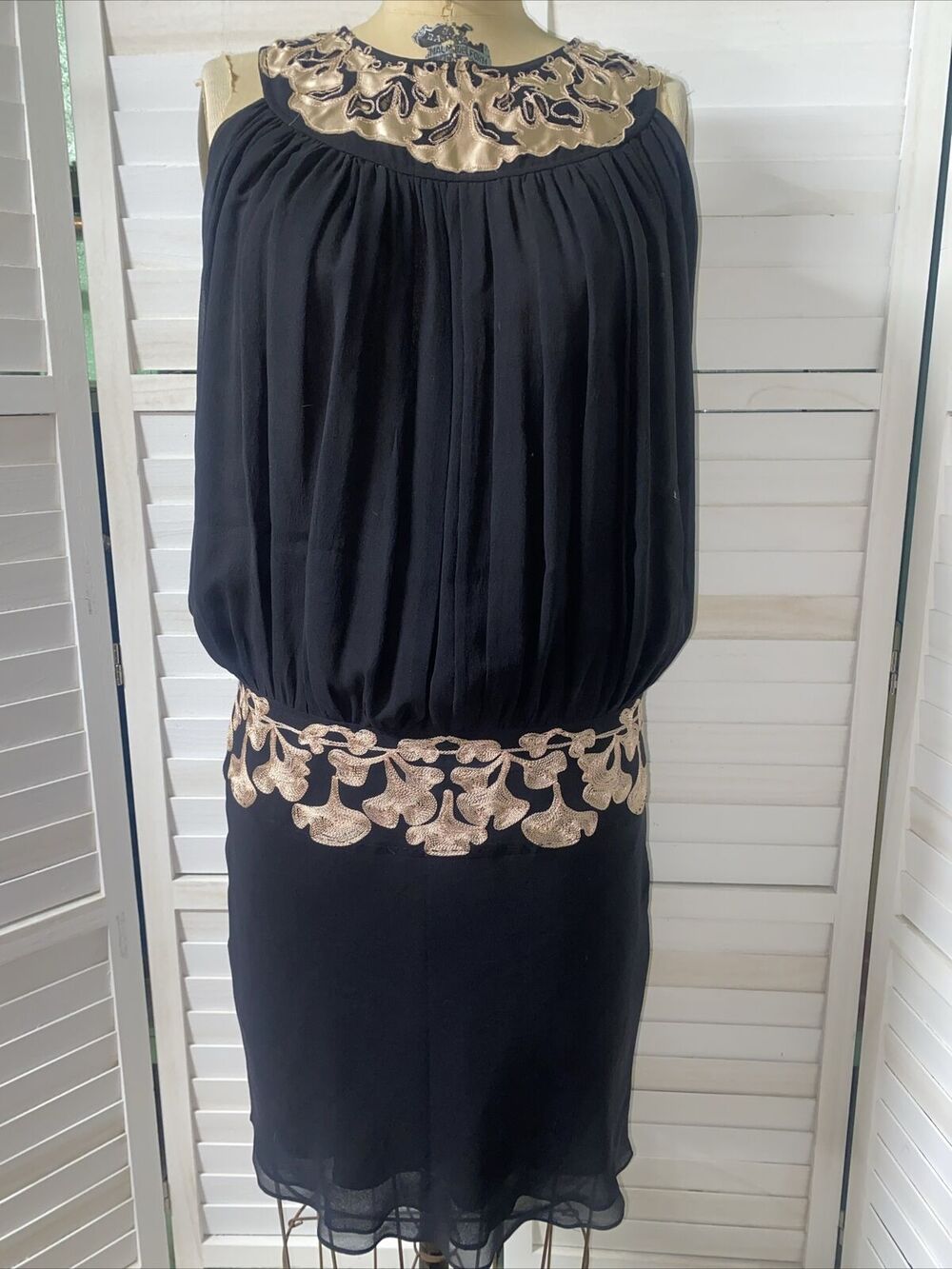 Catherine Malandrino Black Silk Dress Tan Applique Embroidery Size 8